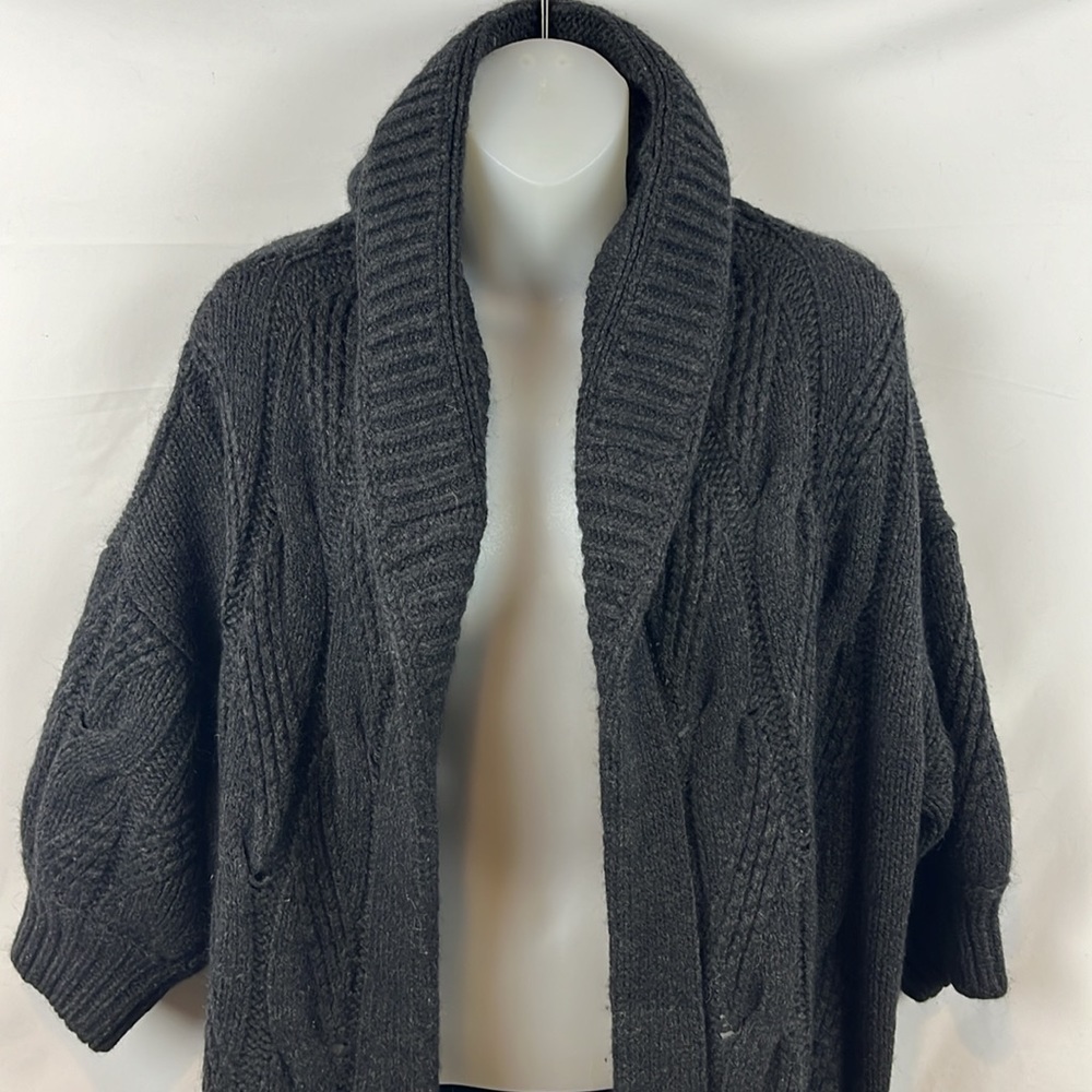 Vince Alpaca Wool Blend Dark Gray Open Long Cardigan Sweater with Hoodie Size L - Picture 3 of 11